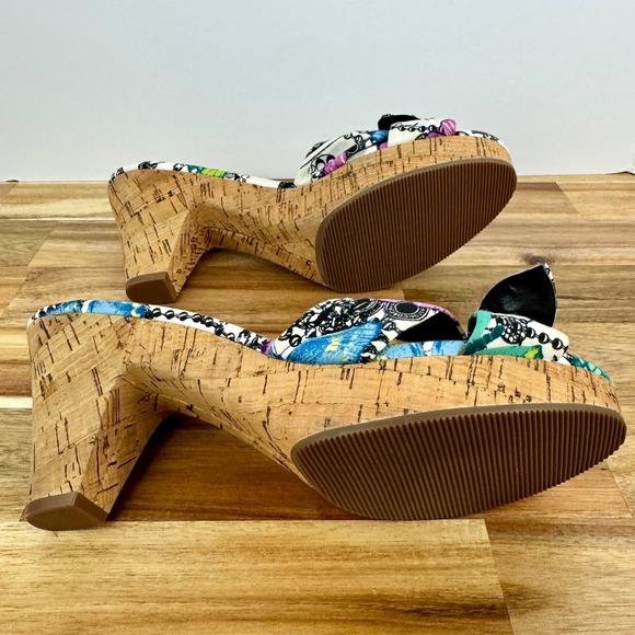 Coach Karen Floral Butterfly Chain Print Cork Heel Bow Slides Sandals Womens 9.5 - Picture 7 of 9